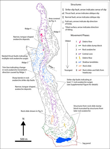 This color-coded structural map shows eight distinct phases of movement during the rock avalanche. Drone imagery, seismic data, and other techniques were used to build this map.