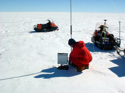 Conducting terrestrial gravity measurements in Antarctica is time-consuming (as shown during an observation campaign in central Dronning Maud Land, East Antarctica). Therefore, airborne gravimetry provides the only viable and powerful method to survey extended areas in Antarctica. Credit: M. Scheinert