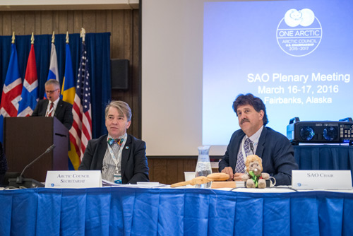 U.S. ambassador David Balton (right), chair of the Arctic Council’s Senior Arctic Officials group, said that a scientific cooperation agreement is nearing fruition. Also pictured are (right) Magnus Johannesson, Arctic Council Secretariat director, and (background) Halldor Thorgeirsson, director for strategy with the United Nations Framework Convention on Climate Change. Credit: Arctic Council Secretariat / Linnea Nordström, CC BY-ND 2.0