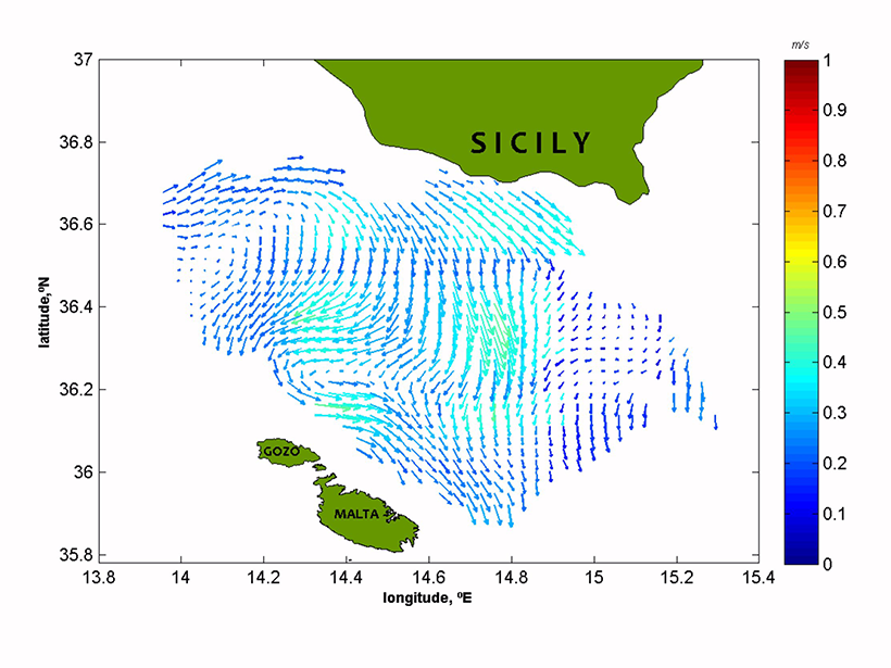 Map of measured surface currents in the Malta Channel for 27 October 2015 at 11:00 GMT.