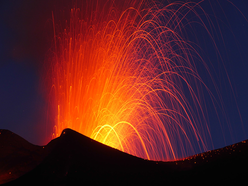 Lava spewing from the vent on the side of the Fogo volcano during the 2014 eruption.