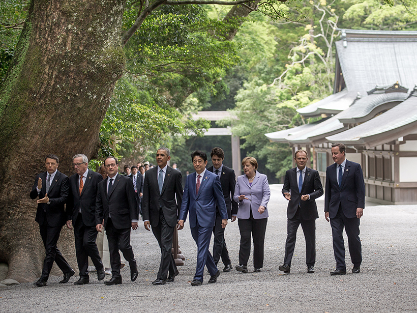 Here the G7 leaders, along with the presidents of the European Council and the European Commission, visit the Ise Jingu shrine during this week’s summit in Japan.