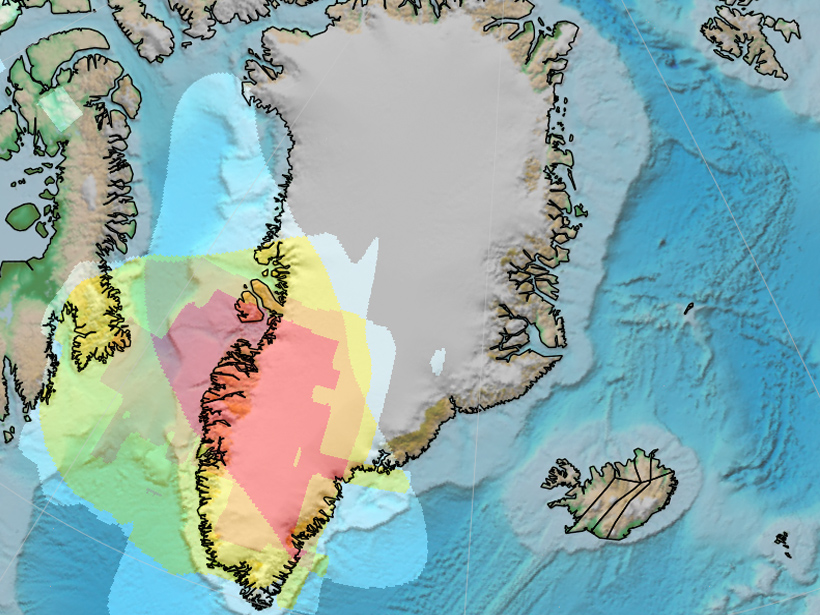 Topography and bathymetry around Greenland overlain with ancient slab material projected from 1400 kilometers depth.