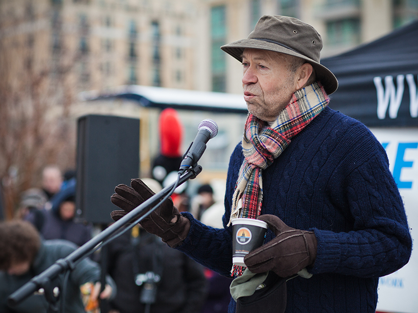 Climate scientist and climate action advocate James Hansen addresses the crowd at a fundraising event in the Washington, D. C., area.