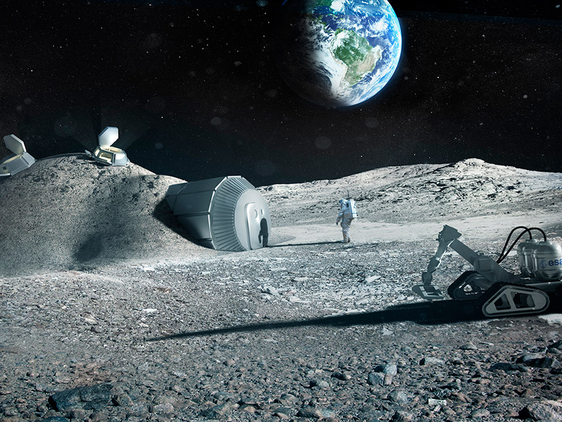 As a previously envisioned way to build lunar habitats using three-dimensional printing, the European Space Agency in 2013 described creating this sort of structure on the Moon starting with an inflatable dome.