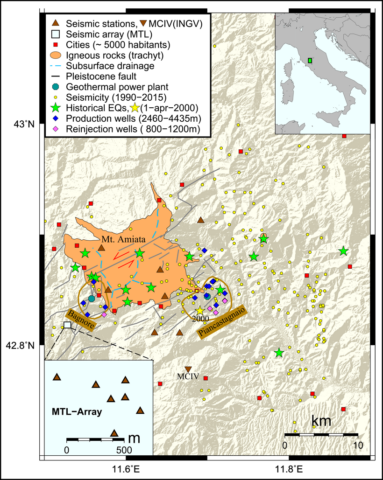 Map of Mt. Amiata with main faults, historical earthquakes, and seismicity recorded by the INGV network during the past 25 years.