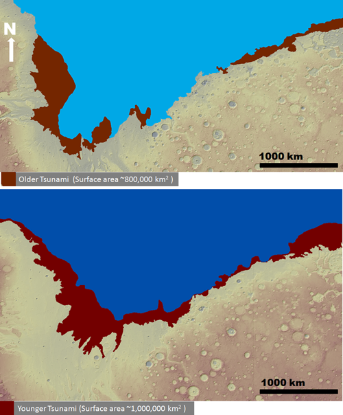 The reach of the two tsunamis proposed by the recent study