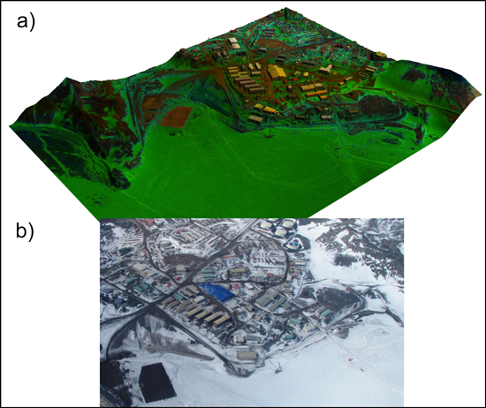 A synthetic view and an oblique aerial image of Antarctica’s McMurdo Station.