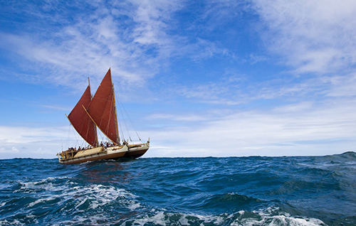 The double-hulled design offers stability on the open ocean.