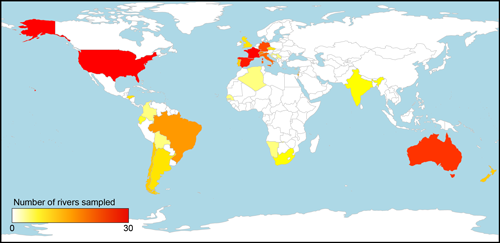 The countries in which researchers in the 1000 Intermittent Rivers Project have sampled intermittent rivers and ephemeral streams.
