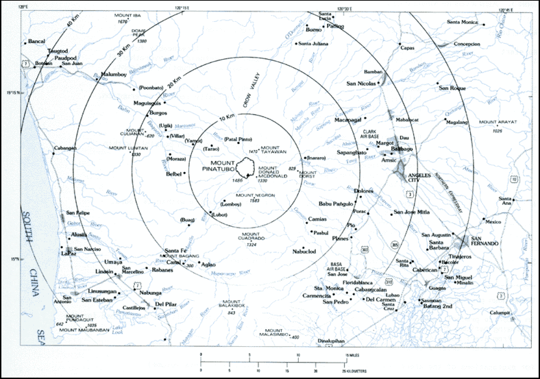 Evacuation zones surrounding Mount Pinatubo, created by scientists before the 15 June 1991 eruption.