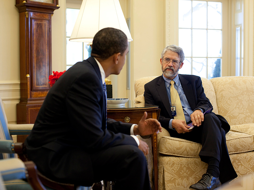 White House science advisor John Holdren meets with President Barack Obama in the Oval Office prior to the release of a March 2009 Presidential Memorandum on Scientific Integrity.