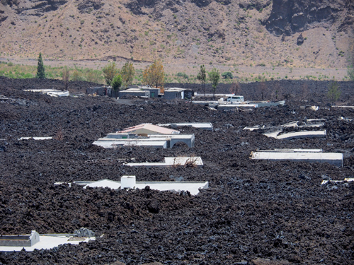 Lava flows from Pico do Fogo volcano cover Portela in Cape Verde.