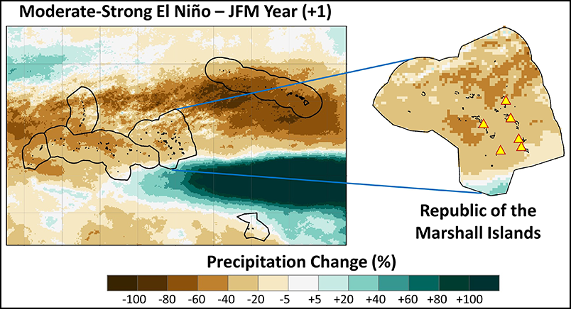 Anomalous precipitation from January through March 1985–2014 following the onset of a moderate to strong El Niño.
