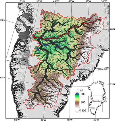 Ancient river network beneath Jakobshavn Glacier.