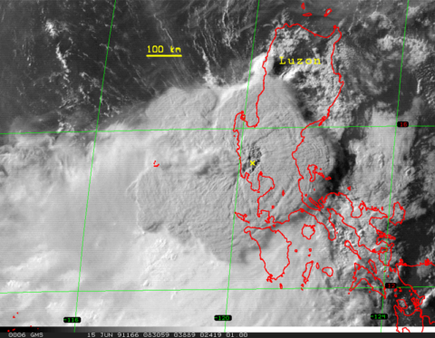 Satellite image of Mount Pinatubo’s eruption cloud about 2 hours after the onset of the 15 June 1991 eruption. The yellow x marks the volcano. Credit: USGS