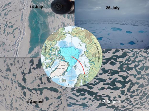 Fig. 2. Photographs of the ice from each cruise, with a representative track from Murmansk to the North Pole via Franz Josef Land. These images can be analyzed to determine the seasonal evolution of melt ponds. Credit: Alex Cowan