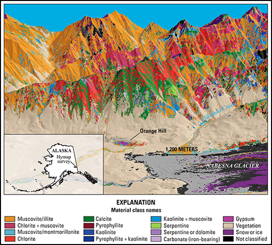 Colors represent different minerals in this map of the Orange Hill area of Alaska’s Wrangell–St. Elias National Park and Preserve.