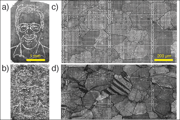Before and after images of micrometric deformation of a tiny face and Carrara marble.