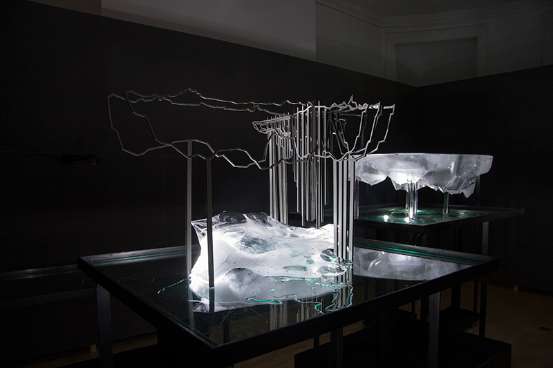Partially melted ice floe replicas on display in London.