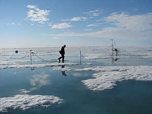 Glaciologist Hajo Eicken maintains an ice growth and melt-monitoring station near Barrow, Alaska.