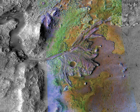 Apparent delta in Jezero Crater on Mars.