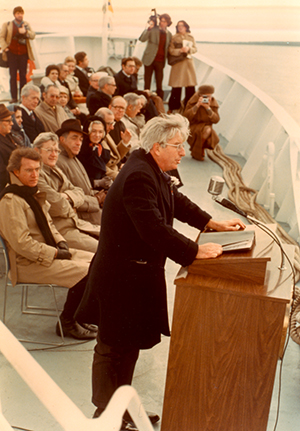 Knauss at the 1976 R/V Endeavor christening ceremony.