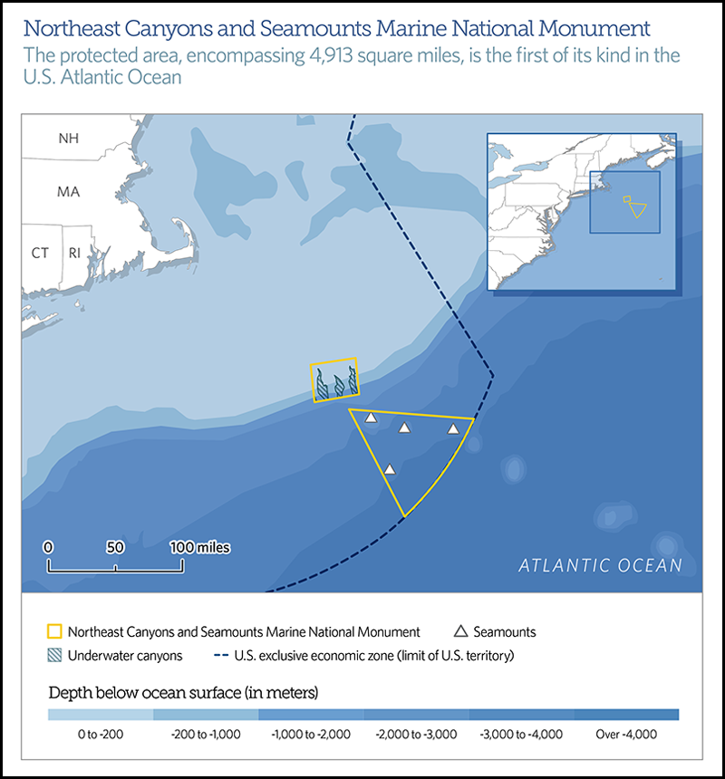 A map locating the new Northeast Canyons and Seamounts Marine National Monument.
