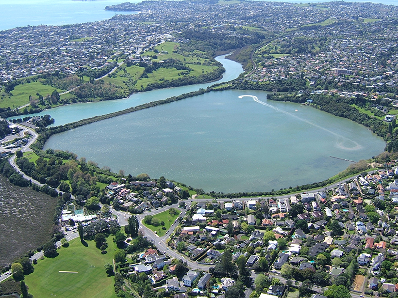 Aerial view of Orakei basin, near Auckland, New Zealand, where a research team took core samples near the center of a maar, an ancient volcanic explosion crater.
