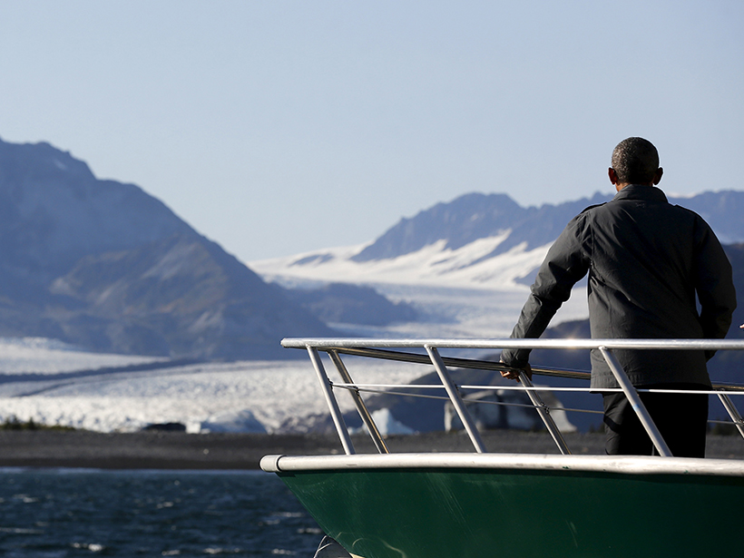 Barack Obama views Bear Glacier on a 1 September 2015 boat tour of Kenai Fjords National Park in Seward, Alaska.