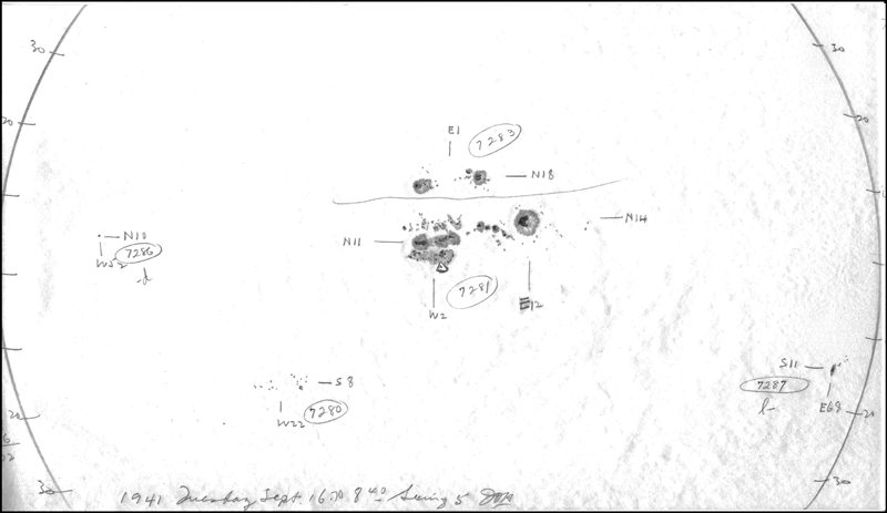 Drawing of sunspots observed from Mount Wilson Observatory, California, on 16 September 1941, prior to a geomagnetic storm.