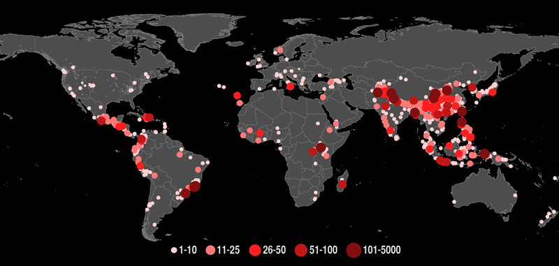 A map of fatal landslides triggered by rainfall across the world from 2007 to 2013.