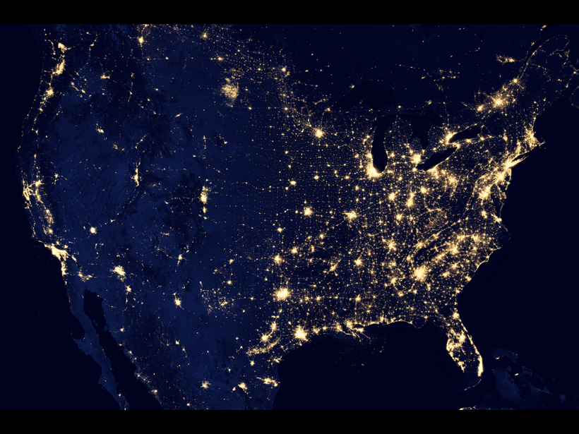 Nighttime photograph of the continental United States.