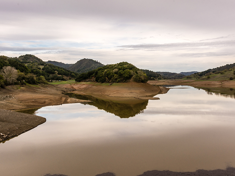 Low water levels in Uvas Reservoir in California, March 2014.