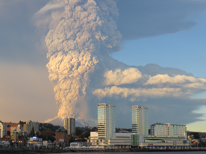 Calbuco volcano in Chile erupting and injecting ash and gases into the atmosphere.