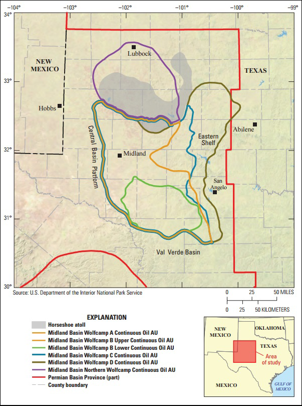 Map of Midland Basin, site of Wolfcamp shale.