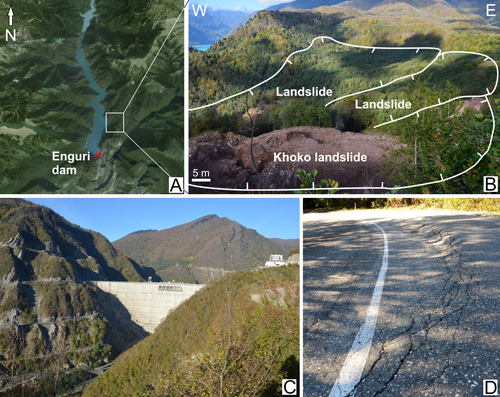 Fig. 2. (a) Enguri reservoir and dam. (b) Close-up of the area in the white box in Figure 2(a). This area has a large number of moving slopes, which can evolve into landslide failure, and it faces the reservoir. White lines show the head scarps of major active slope sectors. (c) Minor landslides and rock falls affect the service roads to the Enguri Dam. (d) A 20-centimeter-high scarp, formed over a couple of years, deforms the main road along the Enguri reservoir. Credit: Alessandro Tibaldi.