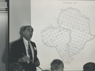Patrick Hurley of MIT shows how continents fit around the Atlantic in a talk at the History of the Earth’s Crust Symposium.