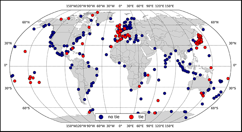 Locations of permanent GNSS stations near a tide gauge (closer than 1 kilometer) that have data in SONEL.