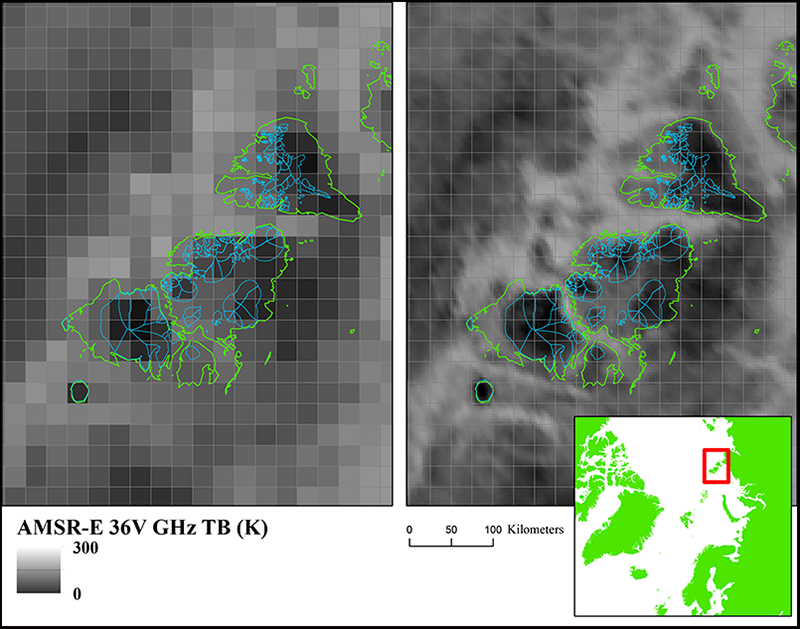 Passive microwave brightness temperature map of glacier-covered Arctic islands.