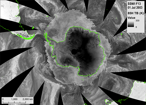 Midwinter land ice, sea ice, ocean, and atmospheric brightness temperature features in the Southern Hemisphere.