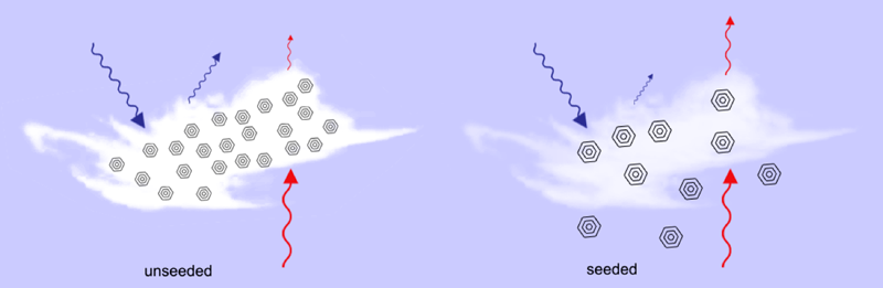 Schematic showing how seeding cirrus clouds can increase the average ice crystal size.