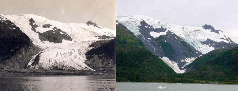 Two photos of the Toboggan Glacier, Alaska, showing the extent of landscape change from (left) 1909 to (right) 2000.