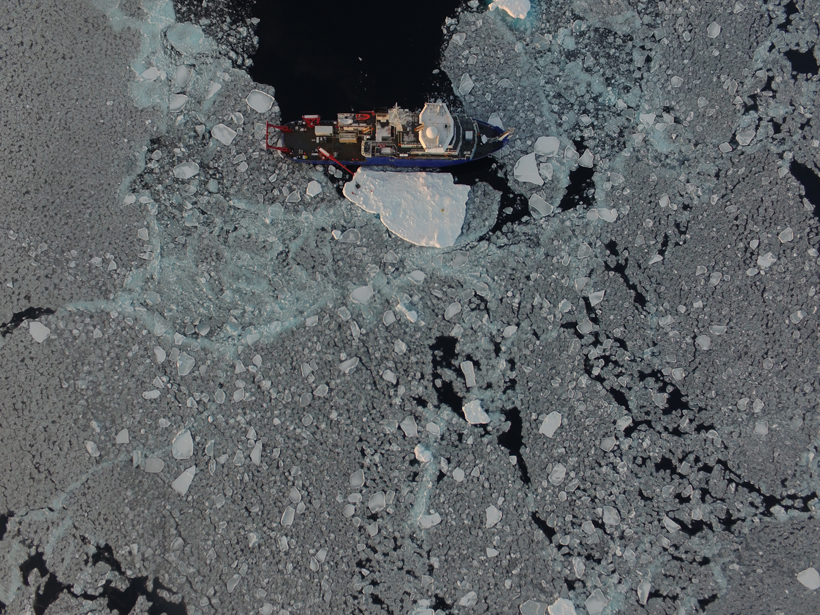 The R/V Sikuliaq is surrounded by new pancake ice and remnants of multiyear ice after a wave event on 17 October 2016.