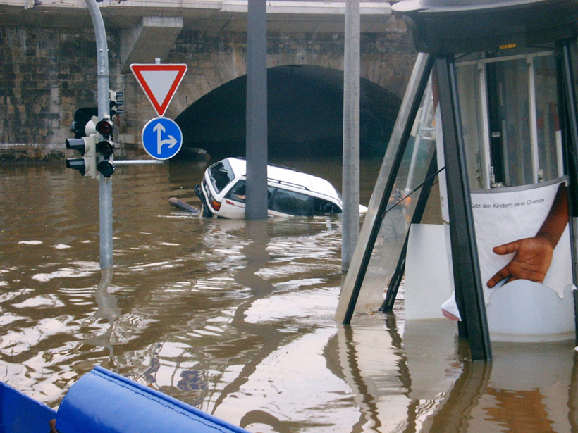 Floodwaters in the Elbe River reached an all-time high in August 2002, inundating this street in Dresden.