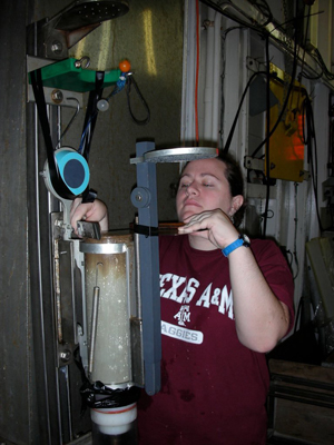 Jennifer Hertzberg inspects a sediment core on a research cruise. How will gender bias affect her scientific career?
