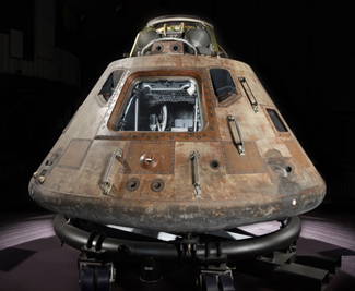 Apollo 11 command module Columbia resting on a temporary cradle.