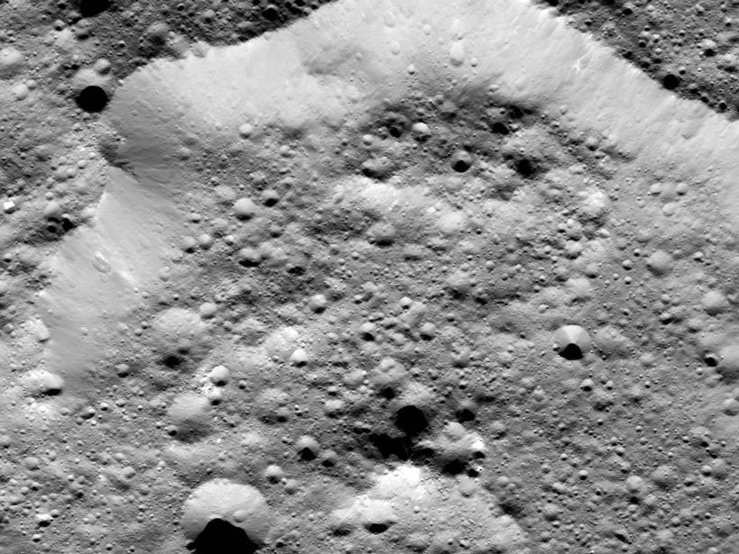 A section of the rim of Ernutet crater, captured by NASA’s Dawn Spacecraft on 26 January.