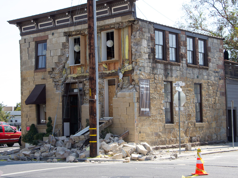 Stone crumbled off the surface of a building in Napa after the 2014 magnitude 6.0 earthquake.