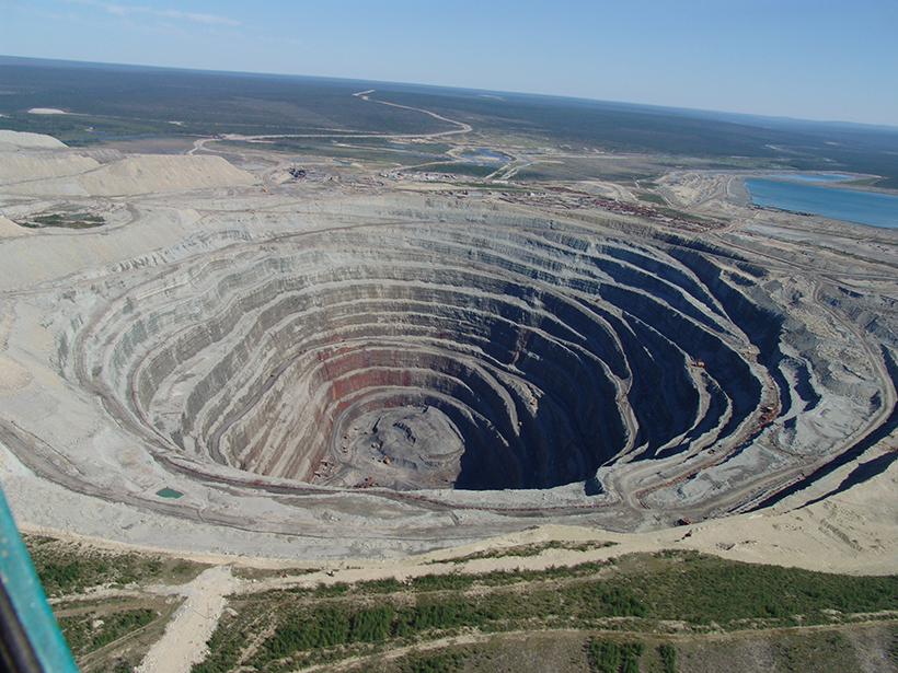 Aerial view of the Udachnaya pipe deposit diamond mine in Sakha Republic, Russia